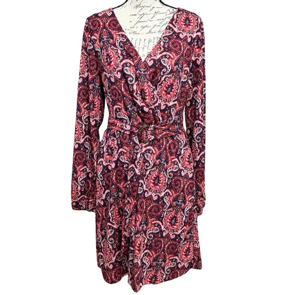 Maeve Anthropologie Surplice Belted Dress XL Red Paisley Knit Long Sleeve NEW
